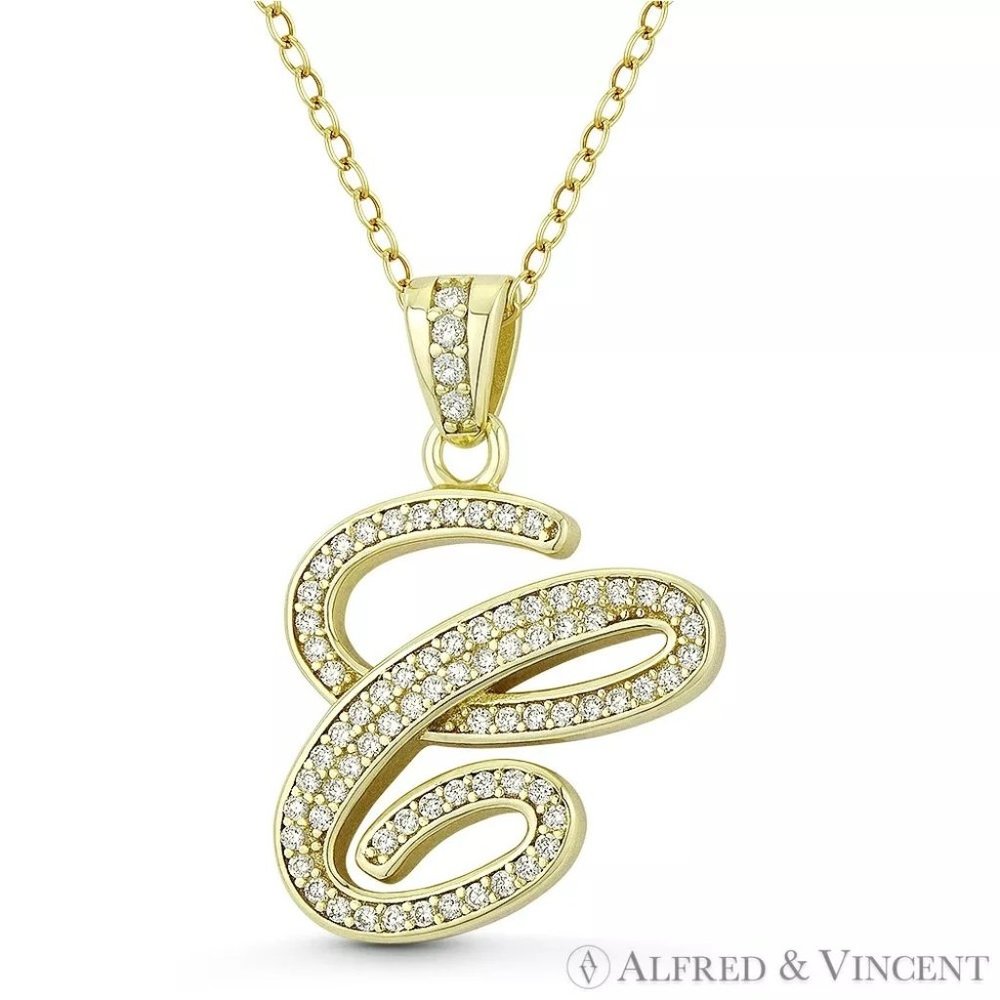 Initial Letter "C" Cursive Script CZ Crystal Pendant in .925 Sterling Silver YG